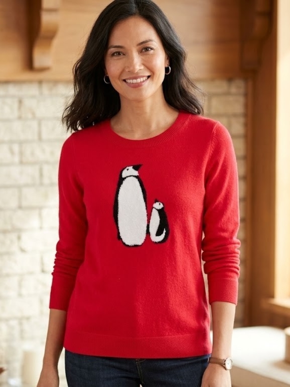 Talbots Red Penguin Intarsia Crewneck Sweater - Women